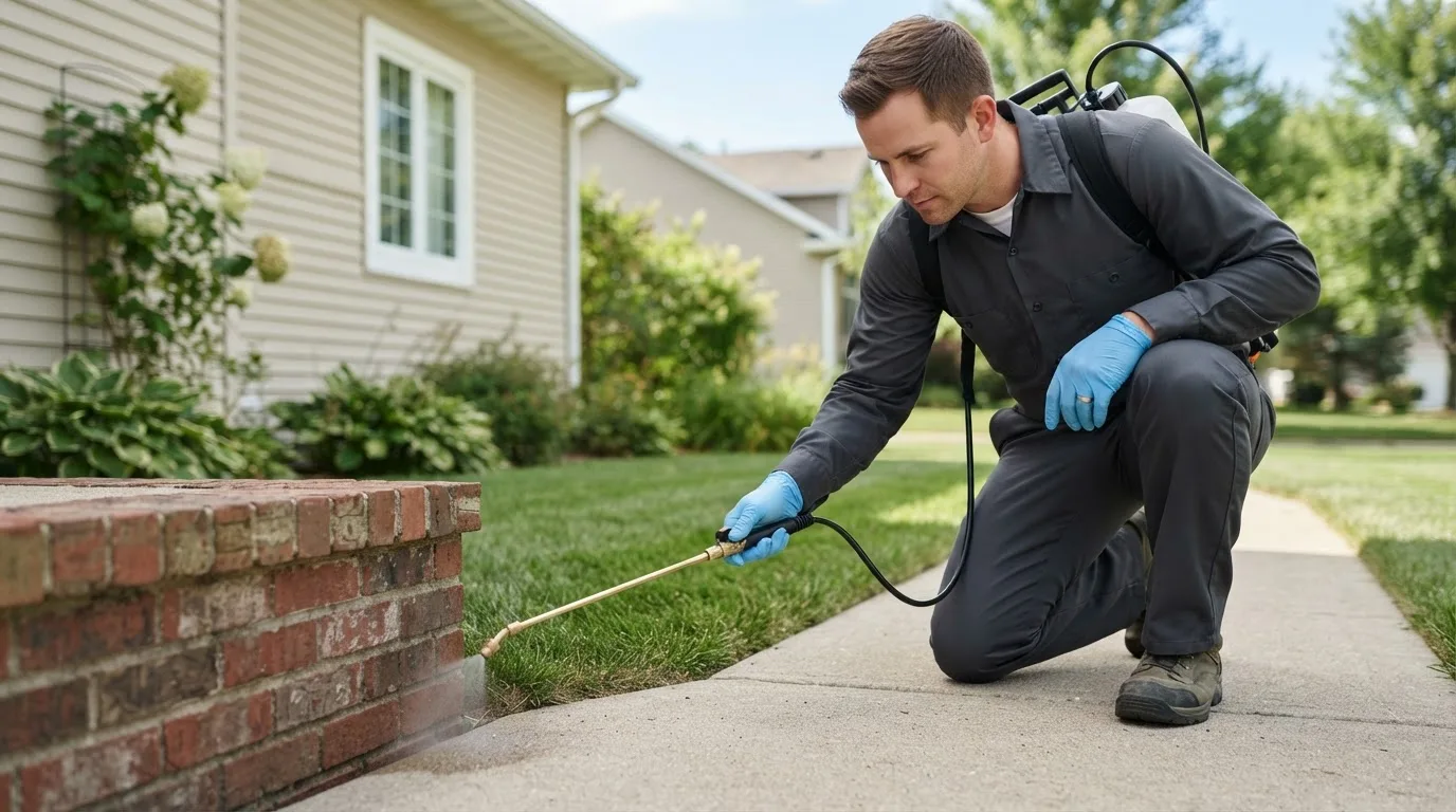 Pest control technician treating a home near Foosland, IL