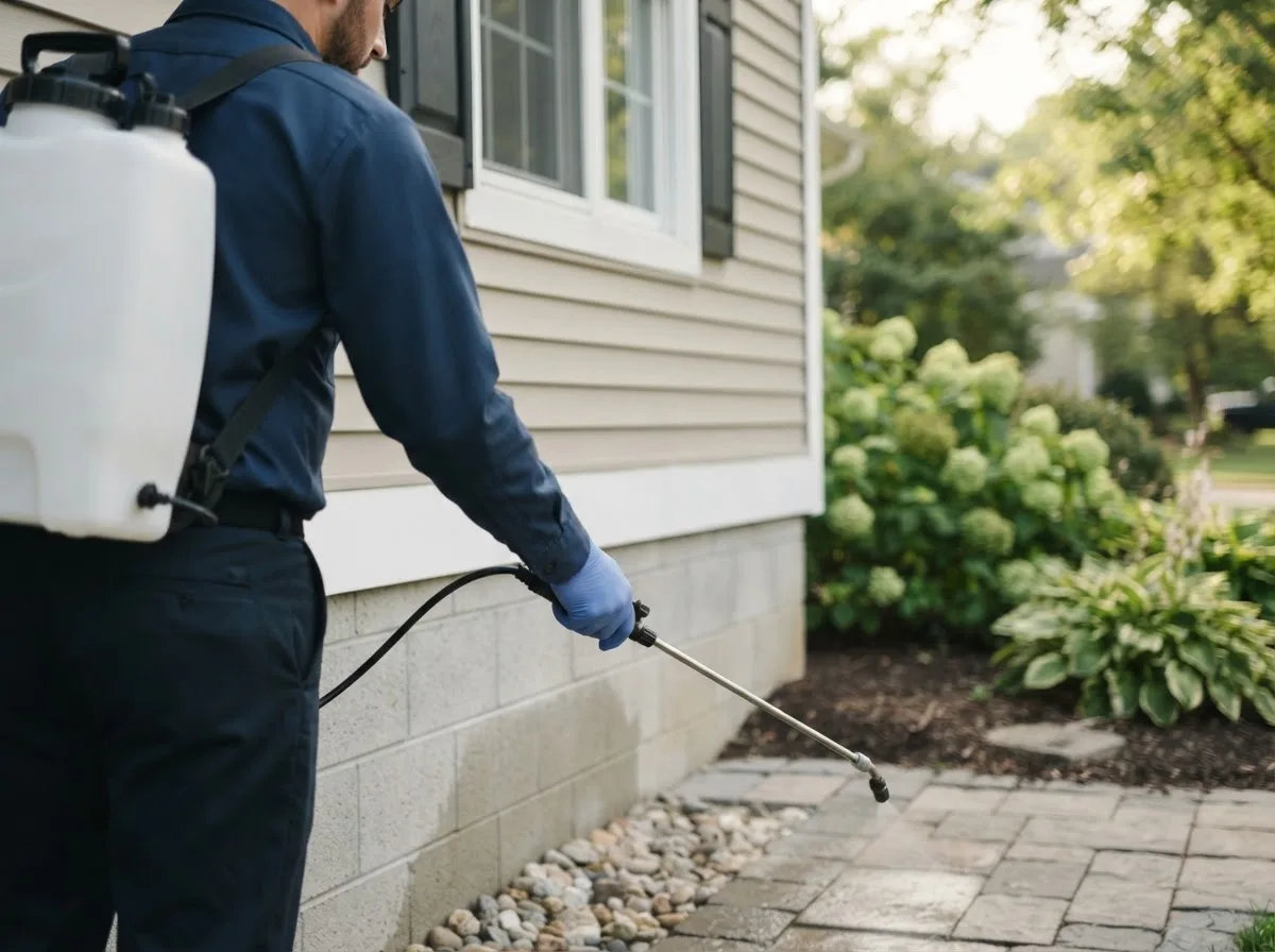 Pest control technician inspecting a home in Foosland, IL